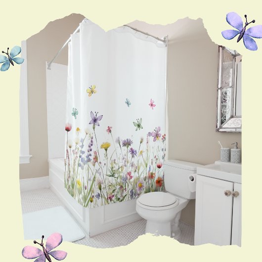 Rideaux De Douche Fleur sauvage et papillons