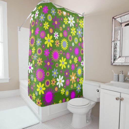 Rideaux De Douche Fleur vert des années 60 Jaune jaune violet design (En situation)