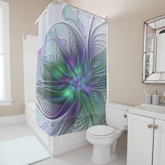 Rideaux De Douche Fleur verte abstraite moderne fractale violette (En situation)