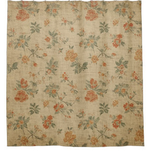 Rideaux De Douche Fleur vintage orange brûlé et vert sauge