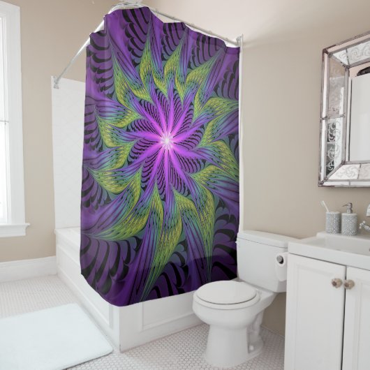 Rideaux De Douche Fleuron vert violet Art Abstrait fractal moderne (En situation)