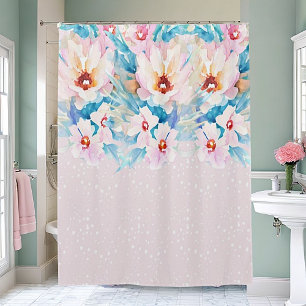 Rideaux De Douche Fleurs aquarelles rose et bleu