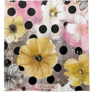 Rideaux De Douche Fleurs aquarelles vintage à pois Art (3)