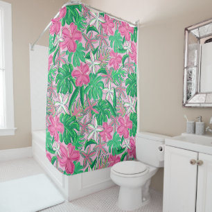 Rideaux De Douche Fleurs Blanches Roses Tropicales Feuilles de Palmi