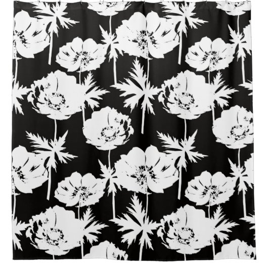 Rideaux De Douche Fleurs blanches sur noir. (Devant)