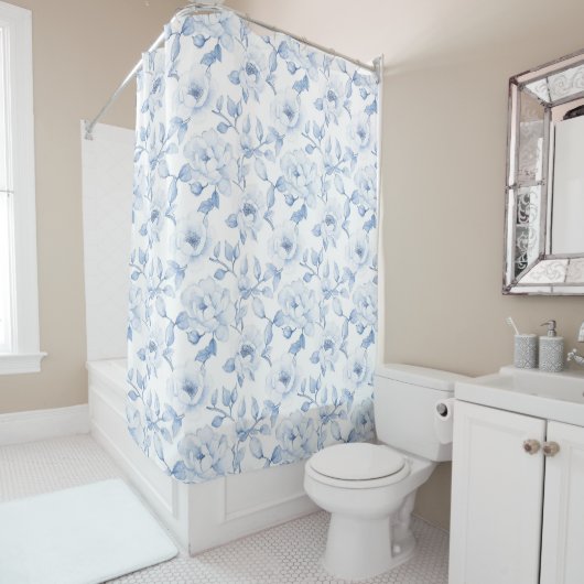 Rideaux De Douche Fleurs Blancs Chic Et Joli Bleu (En situation)