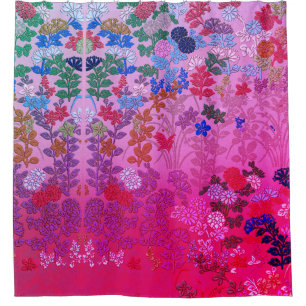 RIDEAUX DE DOUCHE FLEURS BLEU ROSES, FLEURS JAPONAISES ANCIENNES FEU