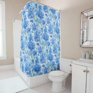 Rideaux De Douche Fleurs bleues et blanches à l'aquarelle abstraite