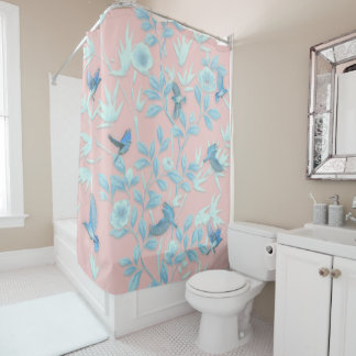Rideaux De Douche fleurs bleues et oiseau, couleur rose clair Arrièr