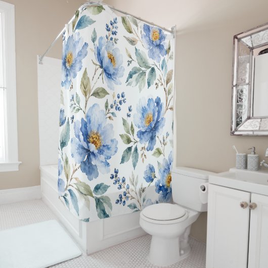 Rideaux De Douche Fleurs Bleues Romantiques (En situation)