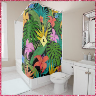 Rideaux De Douche Fleurs botaniques tropicales violettes et vertes