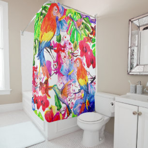 Rideaux De Douche Fleurs Colorées Élégantes Et Oiseaux De Perroquet