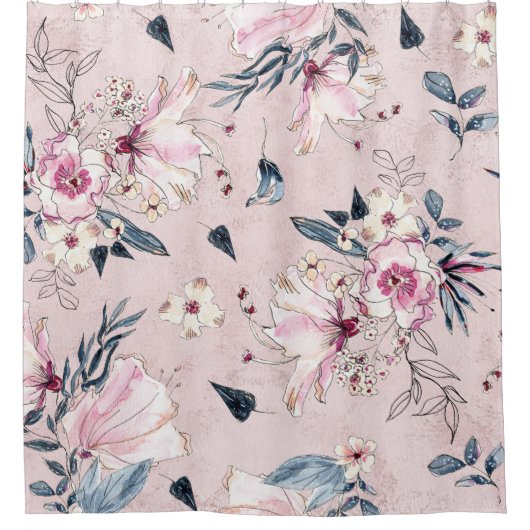 Rideaux De Douche Fleurs d'aquarelle bleu et bleu marine (Devant)