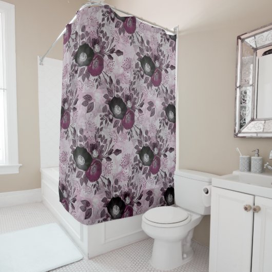 Rideaux De Douche Fleurs d'aquarelle bordeaux. (En situation)