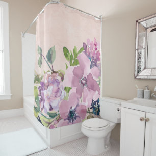 Rideaux De Douche Fleurs d'aquarelle mauve pourpre sur rose dénudé