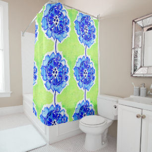 Rideaux De Douche Fleurs d'aquarelle vert et bleu