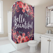 Rideaux De Douche Fleurs d'aquarelle violette Bonjour Beau Script (En situation)