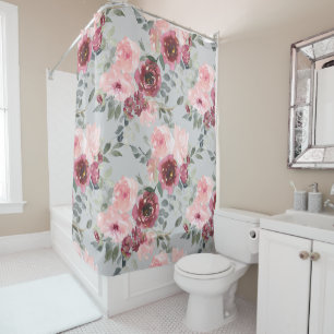 Rideaux De Douche Fleurs de bleus et de Bourgogne gris