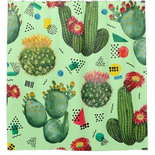 Rideaux De Douche Fleurs de cactus : Aquarelle Arrière - plan géomét (Devant)