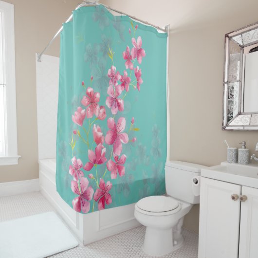 Rideaux De Douche Fleurs de cerises Turquoises (En situation)