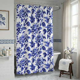 Rideaux De Douche Fleurs de dahlia bleues et blanches Toile de Jouy