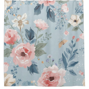 Rideaux De Douche Fleurs de jardin aquarelles bleues poussiéreuses r