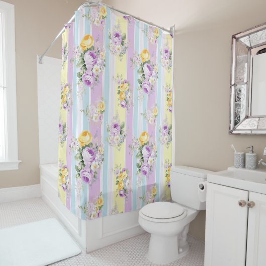 Rideaux De Douche Fleurs de lavande rayées (En situation)
