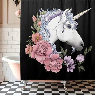 Rideaux De Douche Fleurs de licorne blanche enchantée rose noir