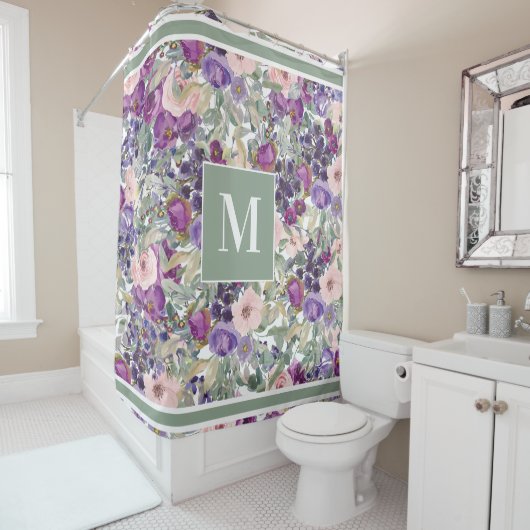 Rideaux De Douche Fleurs de monogramme rose violet bohème vert (En situation)