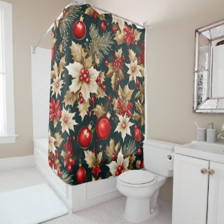 Rideaux De Douche fleurs de Noël dorées, boules et baies rouges