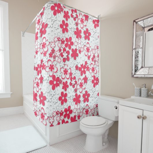 Rideaux De Douche Fleurs de papier rouge et blanc (En situation)