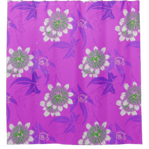 RIDEAUX DE DOUCHE FLEURS DE PASSION BLANCHE BLEUE, FEUILLES ORANGES