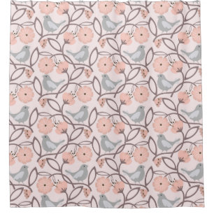 Rideaux De Douche Fleurs de Pêche modernes et oiseaux gris