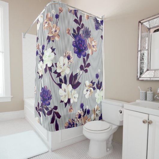 Rideaux De Douche Fleurs de printemps Motif en silhouette noire (En situation)