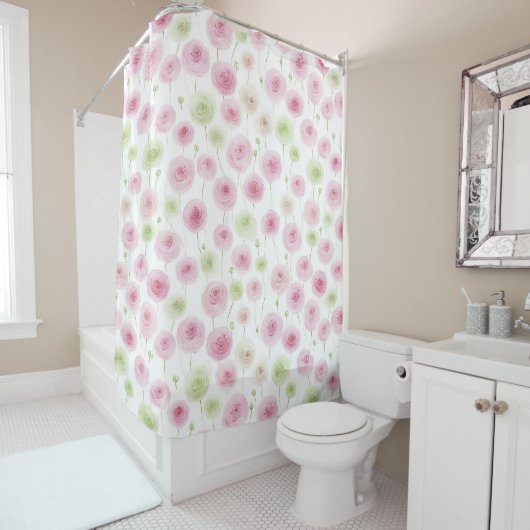 Rideaux De Douche Fleurs de ranunculus rose menthe (En situation)