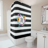 Rideaux De Douche Fleurs de rayures noir et blanc Monogramme personn (En situation)