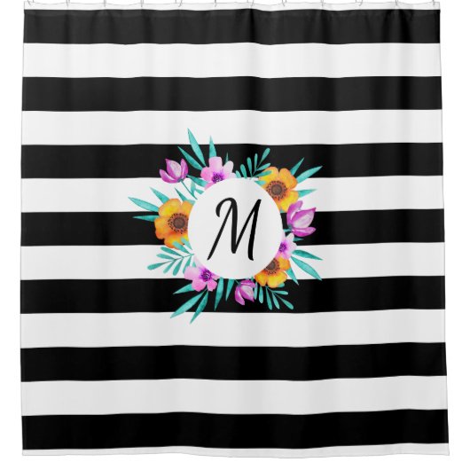 Rideaux De Douche Fleurs de rayures noir et blanc Monogramme personn (Devant)