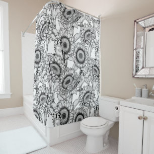 Rideaux De Douche Fleurs de soleil et ailerons en noir et blanc