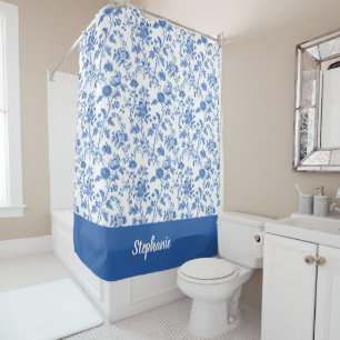 Rideaux De Douche Fleurs de style vintage bleu blanc avec nom person