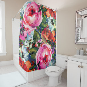 Rideaux De Douche Fleurs de style vintage chic aux couleurs vives et