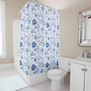 Rideaux De Douche Fleurs de toile bleu blanc aquarelle de style camp