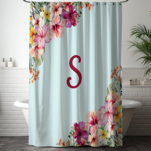 Rideaux De Douche Fleurs d'Hibiscus Rose Monogramme Floral Tropical