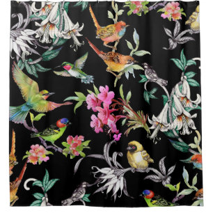 Rideaux De Douche Fleurs d'oiseaux tropicaux : Motif d'aquarelle