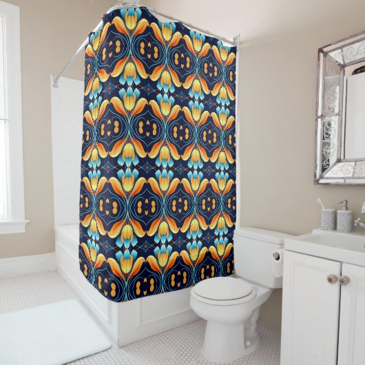Rideaux De Douche Fleurs d'orange bleu Art déco (En situation)