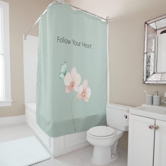 Rideaux De Douche Fleurs d'orchidée rose papillon vert menthe (En situation)