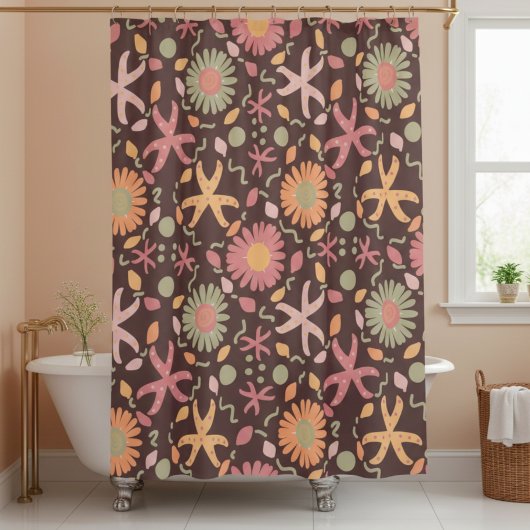 Rideaux De Douche Fleurs et étoiles de mer sur fond brun chocolat