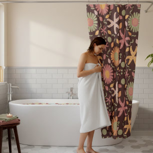 Rideaux De Douche Fleurs et étoiles de mer sur fond brun chocolat