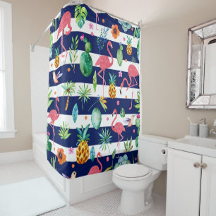 Rideaux De Douche Fleurs et Flamants roses tropicaux Bleu et blanc