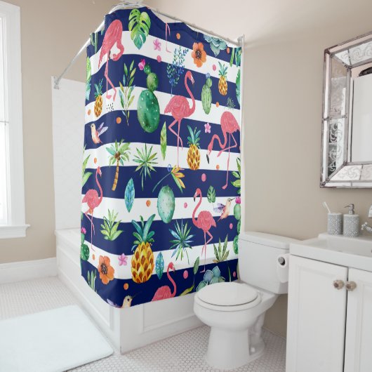Rideaux De Douche Fleurs et Flamants roses tropicaux Bleu et blanc (En situation)