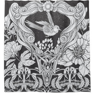 Rideaux De Douche Fleurs et oiseau dans un style Art nouveau sans co
